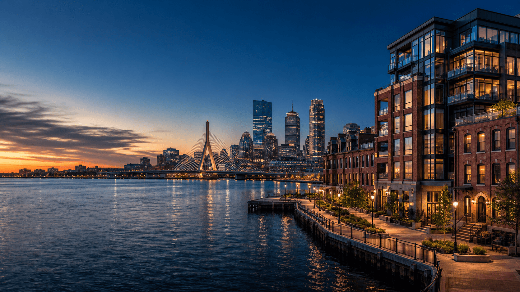 Boston waterfront with modern residential buildings, the Zakim Bridge, and city skyline at blue hour